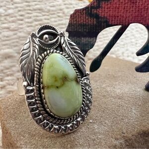 ❤️ Palomino Variscite 925 Navajo Decorative Silverwork Ring 11.2g Adjustable Sz